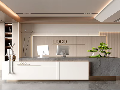 Modern Reception Desk Interior With White Cabinets Gray Countertop Wall Logo And Small Green Plant 3d model