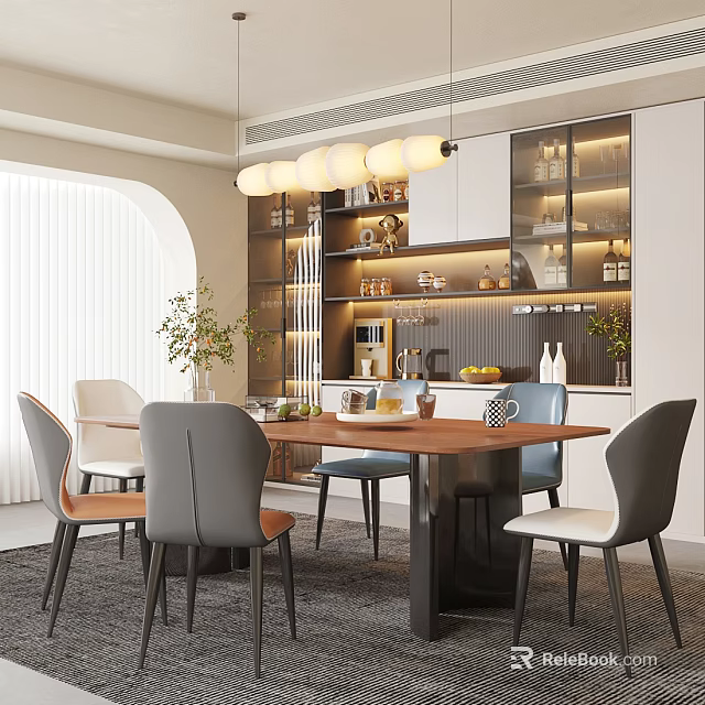 Modern Restaurant Dining Area With Wooden Table Grey White Chairs Pendant Lights And Glass Shelves 3d model 