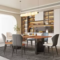 Modern Restaurant Dining Area With Wooden Table Grey White Chairs Pendant Lights And Glass Shelves