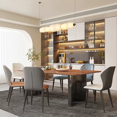 Modern Restaurant Dining Area With Wooden Table Grey White Chairs Pendant Lights And Glass Shelves 3d model