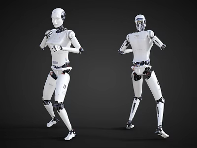 Two White Humanoid Smart Robots Walking Front And Back With Black Joint Details 3d model