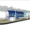 Modern Public Lounge Space With Wavy Roof Blue Striped Wall And Wooden Tables