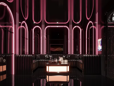 Luxurious KTV Room With Pink Neon Lights Arched Design And Sofa Area 3d model