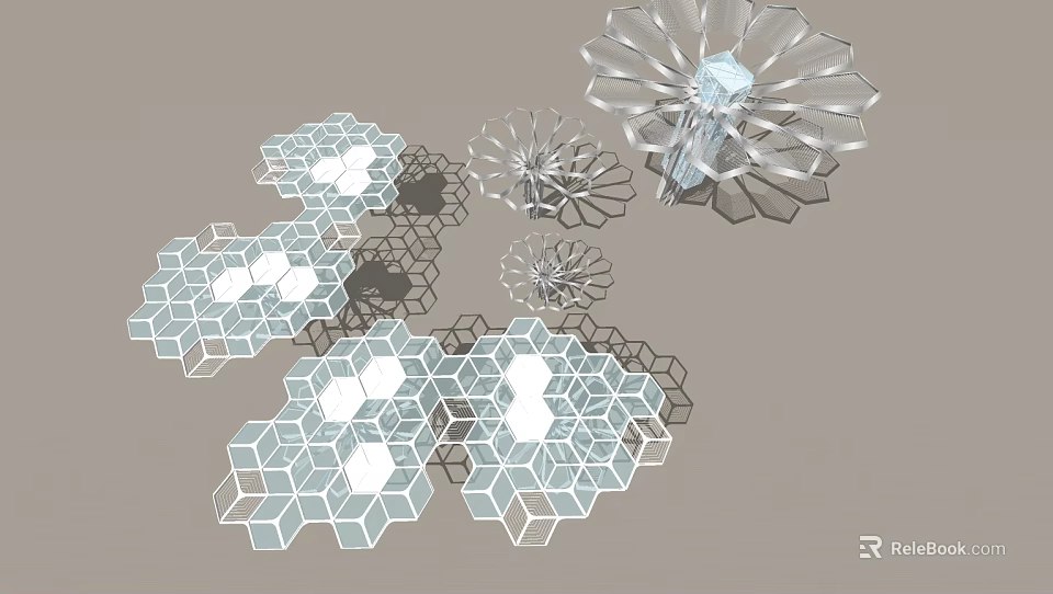Transparent Sculptures Featuring Hexagonal And Petal Shaped Structures With Light Shadow Effects 3d model 