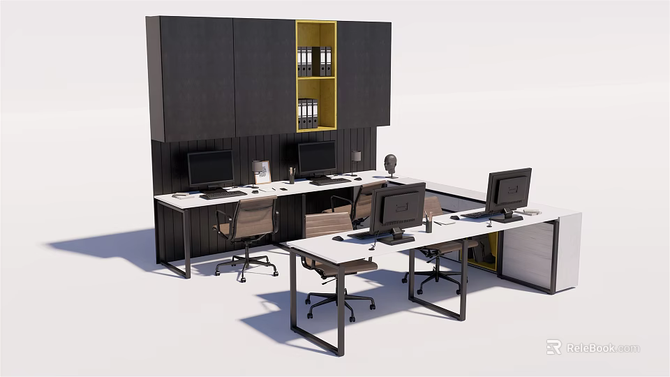 Modern Office Desk Workstations With Computers Ergonomic Chairs And Storage Cabinets 3d model 