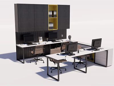 Modern Office Desk Workstations With Computers Ergonomic Chairs And Storage Cabinets 3d model