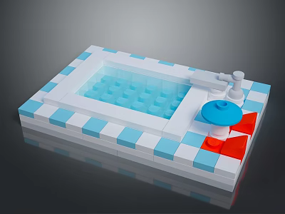 Colorful Lego Bath Toy with Blue Water Pool Red Accents and Checkered Blocks 3d model