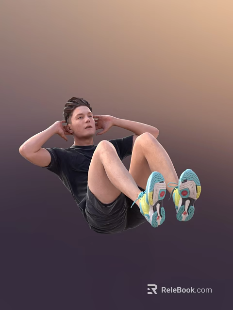 Man performing sit-ups wearing black t-shirt black shorts and colorful sneakers 3d model 