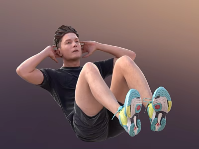 Man performing sit-ups wearing black t-shirt black shorts and colorful sneakers 3d model