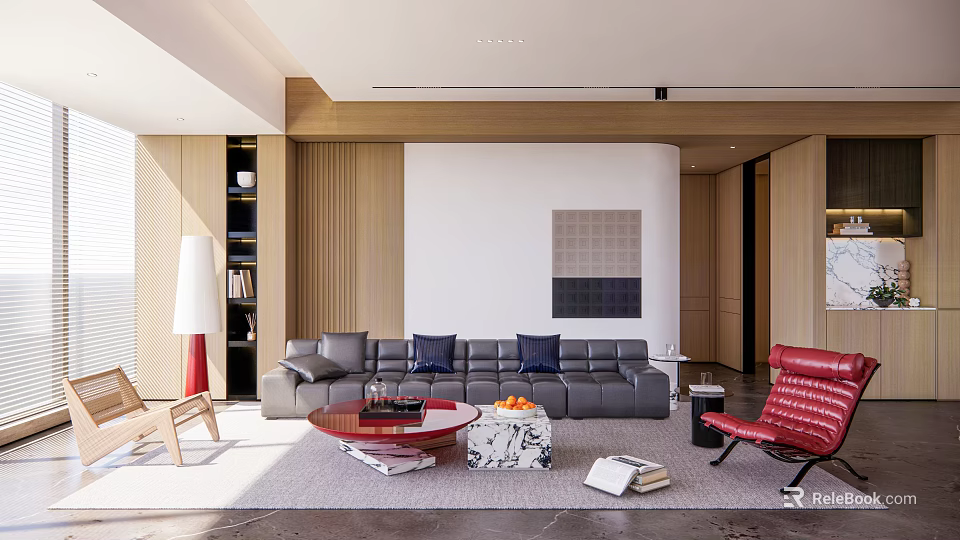Modern Living Room Interior With Gray Sofa Red Chair Marble Coffee Table And Wooden Accents 3d model 