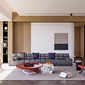 Modern Living Room Interior With Gray Sofa Red Chair Marble Coffee Table And Wooden Accents