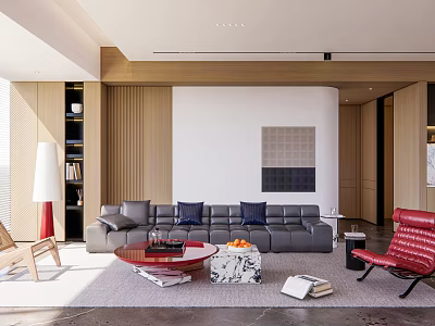 Modern Living Room Interior With Gray Sofa Red Chair Marble Coffee Table And Wooden Accents 3d model