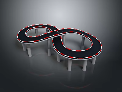 Landscape Featuring Infinite Symbol Shaped Black Track With Red White Edges And White Pillars 3d model