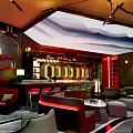 Stylish Modern Bar Interior With Leather Seats And Wooden Bar Counter