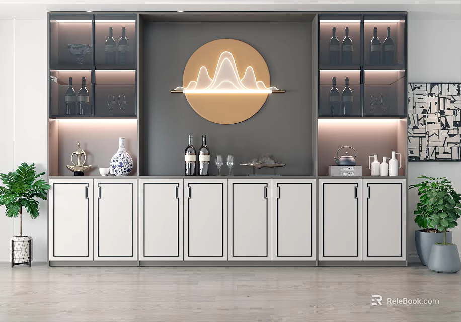 Luxury Wine Cabinet With White Gray Glass Doors LED Lighting And Round Decorative Painting 3d model 