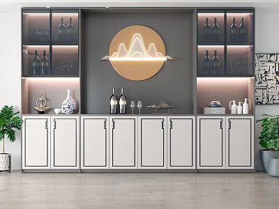 Luxury Wine Cabinet With White Gray Glass Doors LED Lighting And Round Decorative Painting 3d model