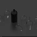 Transparent Glass Bottles With Various Shapes And A Black One On Blue Background
