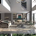 Modern Living And Dining Room Interior With Sofa Coffee Tables Decorative Painting And Shelves