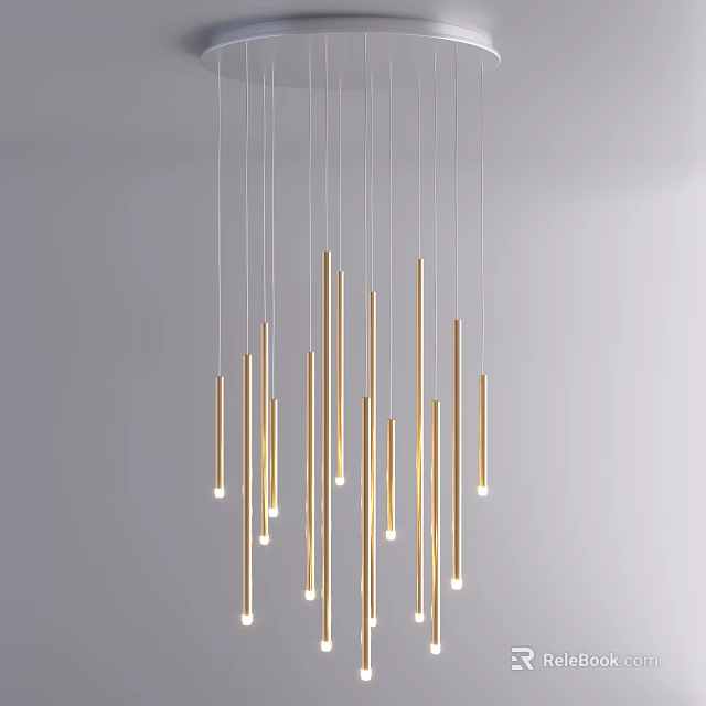 Modern Golden Long Tube Chandelier Hanging With Minimalist Illuminated Design 3d model 