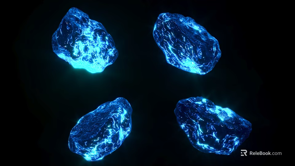 Four Glowing Blue Textured Stones With Bright Illumination And Natural Patterns 3d model 
