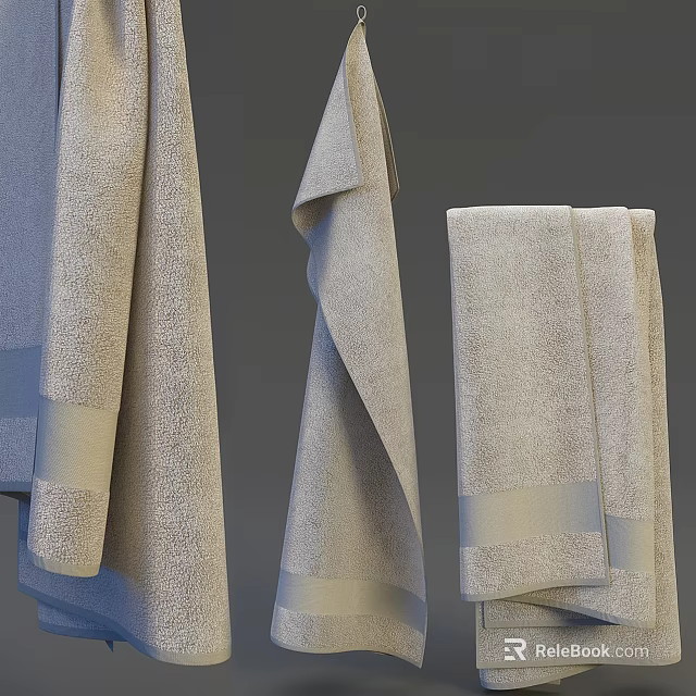 Soft Textured Neutral Beige Towels Hanging And Folded With Gray Trim 3d model