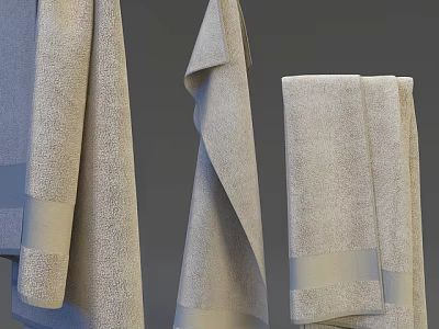 Soft Textured Neutral Beige Towels Hanging And Folded With Gray Trim 3d model