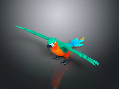 Colorful Parrot With Green Body Orange Belly Blue Tail And Spread Wings 3d model
