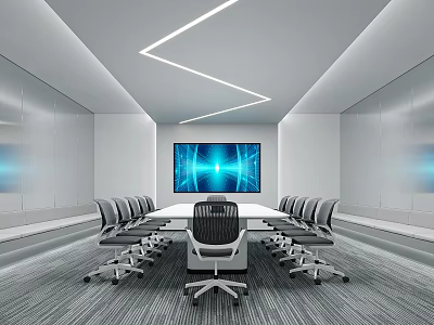 Modern Conference Room Interior With Large Screen Ergonomic Chairs And Ceiling Lighting 3d model