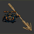 Futuristic Character with Blue Orange Armor Wielding Skeletal Creature Weapon in Dynamic Pose