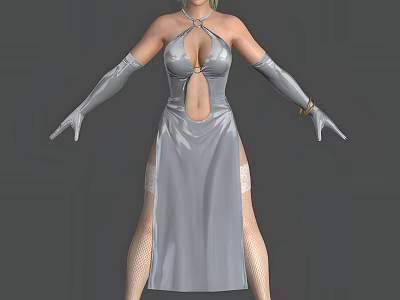 Woman In Silver Leather Dress With Deep V Neck Slit Long Gloves And Fishnet Stockings 3d model
