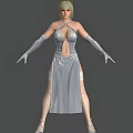 Woman In Silver Leather Dress With Deep V Neck Slit Long Gloves And Fishnet Stockings