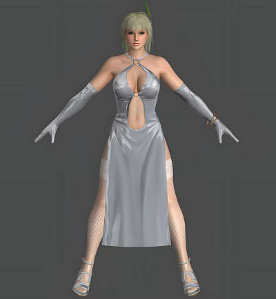 Woman In Silver Leather Dress With Deep V Neck Slit Long Gloves And Fishnet Stockings 3d model