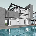 Modern Duplex Villa Exterior Design With Swimming Pool And Water Reflection 3d model