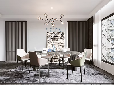 Elegant Modern Restaurant Interior With Round Dining Table Comfortable Chairs Chandelier And Decorative Artwork 3d model