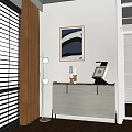 Entryway Cabinet Sideboard With White Finish Metal Handles Table Lamp Photo Frame And Wall Painting