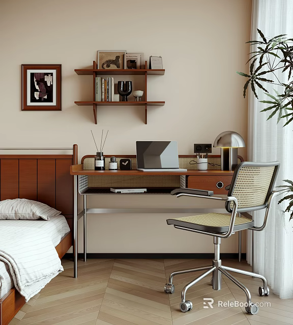 Modern Bedroom Desk With Laptop Silver Lamp Chair And Wooden Shelf Painting 3d model 
