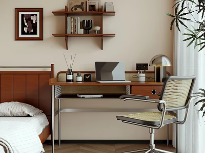 Modern Bedroom Desk With Laptop Silver Lamp Chair And Wooden Shelf Painting 3d model