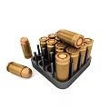 Military Weapon Ammunition Brass Bullets in Black Magazine with Red Primers and Scattered Rounds