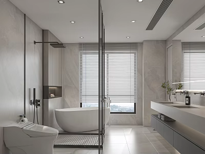 Modern Bathroom Interior with Marble Walls Glass Shower Enclosure and Freestanding Bathtub 3d model