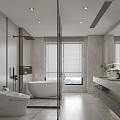 Modern Bathroom Interior with Marble Walls Glass Shower Enclosure and Freestanding Bathtub