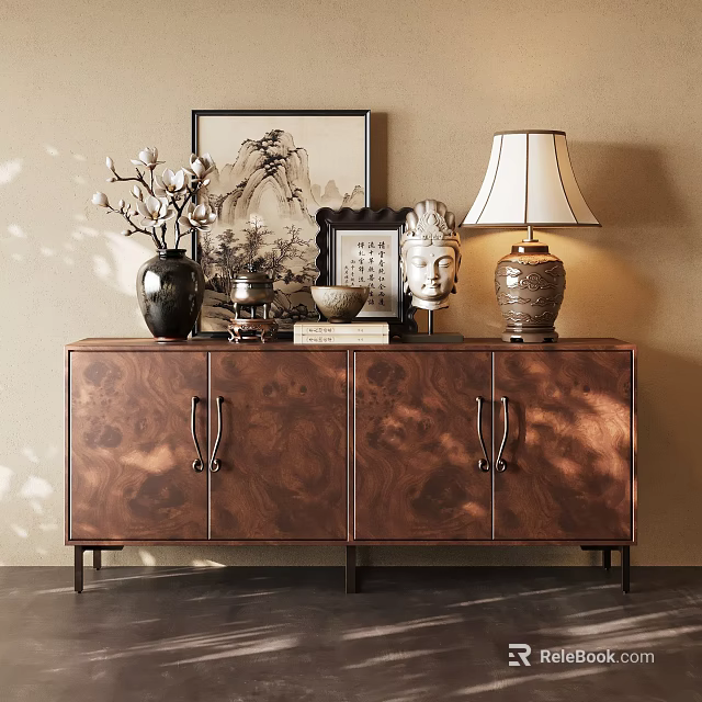 Wooden Console Cabinet Sideboard With Decorative Vase Table Lamp And Landscape Painting 3d model 
