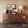Wooden Console Cabinet Sideboard With Decorative Vase Table Lamp And Landscape Painting