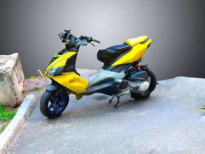 Yellow And Black Scooter Motorcycle Parked Roadside Near Stone Steps And Grass 3d model