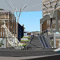 Modern Commercial Landscape With Geometric Buildings Central Plaza Green Spaces And Pedestrian Walkways