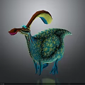 Colorful Fantasy Creature With Long Curved Neck Blue Body Green Spots And Red Head