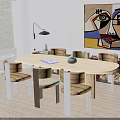 Modern Wooden Oval Dining Table Set With Six Chairs And Abstract Painting