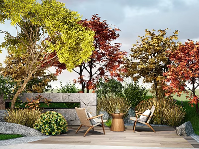 Harmonious Plant Combinations With Colorful Foliage Shrubs And Lawn For Outdoor Wooden Deck Landscape 3d model