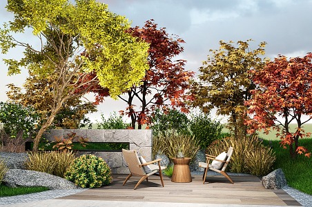 Modern courtyard plant oblique floating tree red maple shrub green plant landscape wall 3d model