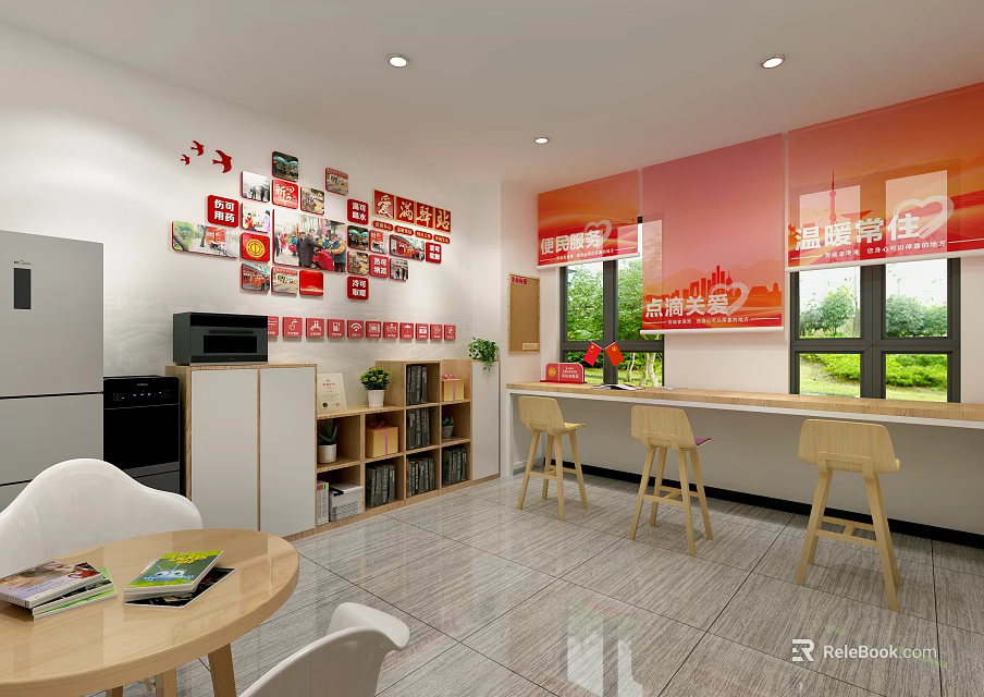 Love Station Interior With Wall Photos Refrigerator Microwave Bookshelf And Green Plants 3d model 