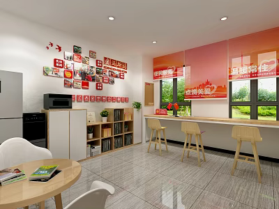Love Station Interior With Wall Photos Refrigerator Microwave Bookshelf And Green Plants 3d model